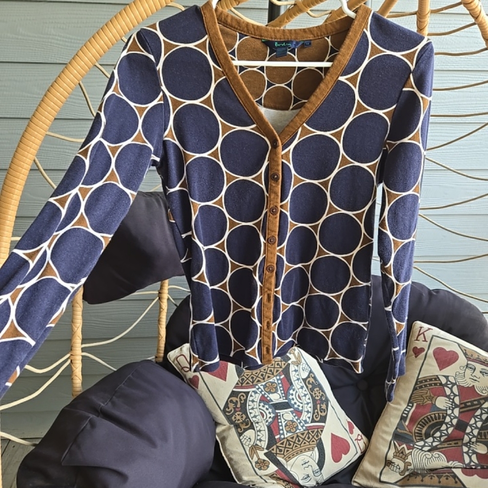 Boden Blue And Brown Polka Dot Button Cardigan Size 12